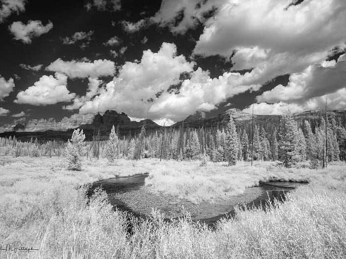 A bend in a small stream provides a foreground to the Pinnacles, near Brooks Lake, Wyoming