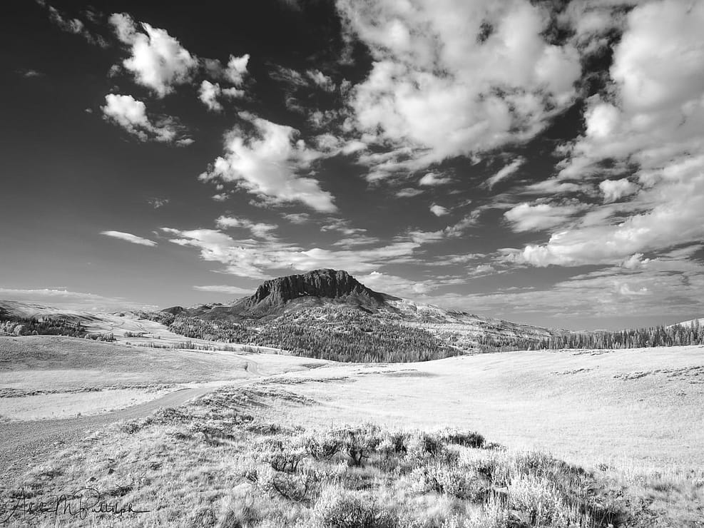 Black and white infrared photo of Black Butte, located in teh Gravelly Range, Montana.